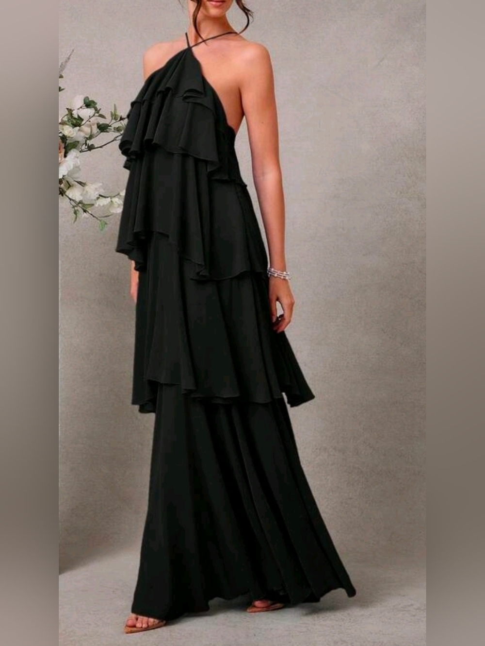 New Tiered Chiffon Ruffle Halter Maxi Dress Backless Black